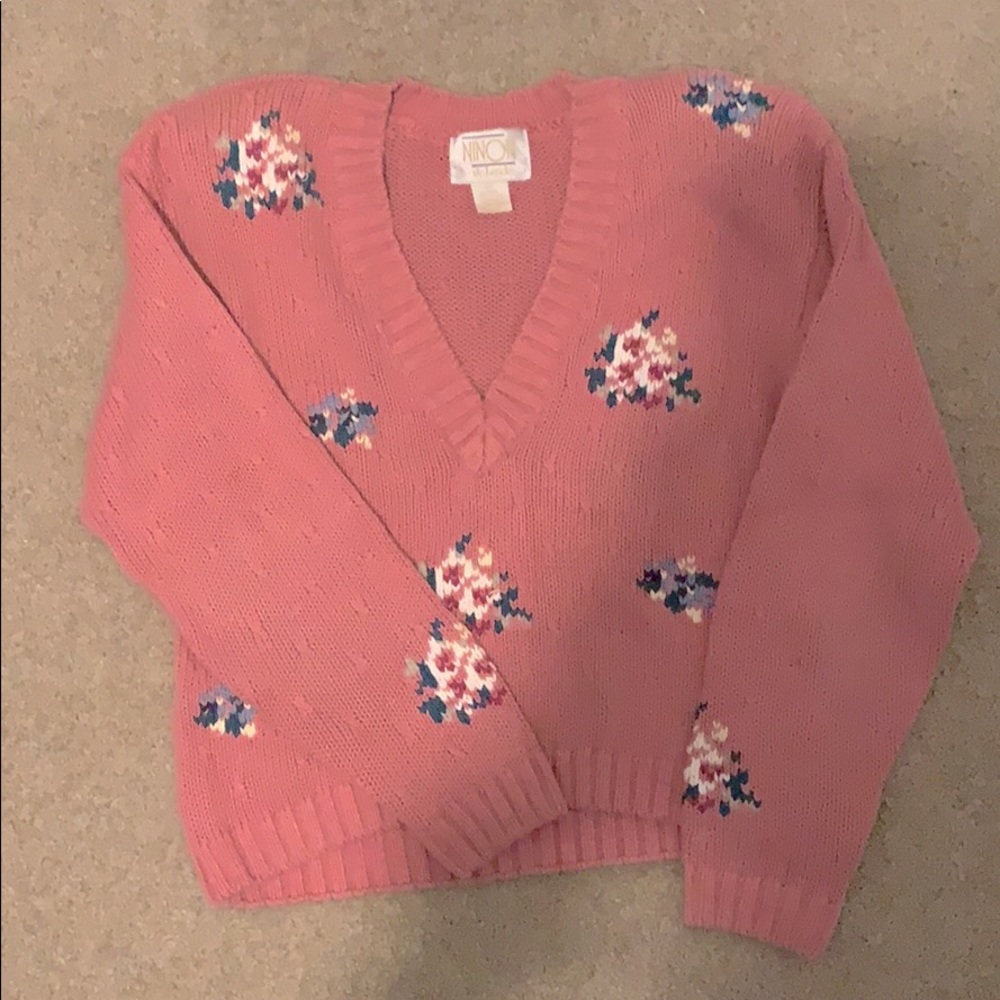 Pink Floral Pattern Sweater with Shoulder Pads